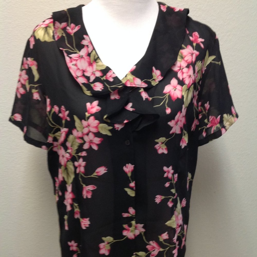 Liz Claiborne – Black Semi-Sheer Floral Short Sleeve Blouse Top Size 16